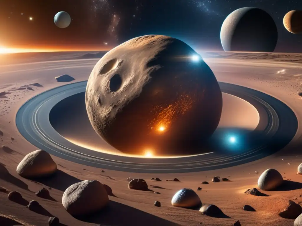 A magnificent model of 2014 MU69, a cosmic giant measuring 1,000ft in diameter, surrounded by a breathtaking spacescape teeming with nearby planets, asteroids, nebulae, and comets