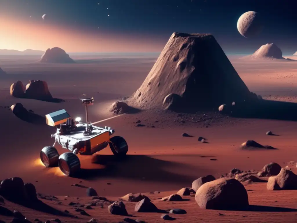 Asteroid Exploration: Delicate Water Vapor and a Hovering Rover Photorealistic 3D image of an asteroid, with meticulous details of craters, ridges, and rocky outcroppings