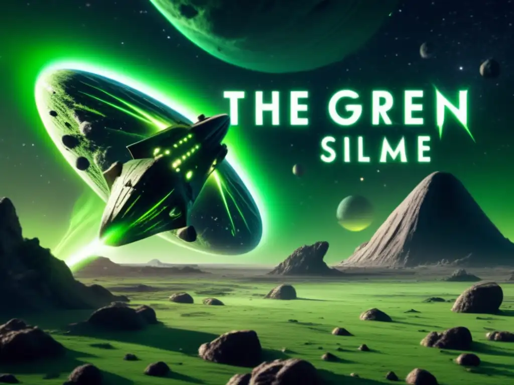 A hair-raising image of an abandoned spaceship approaching a sinister asteroid, tentacles oozing with eco-horror