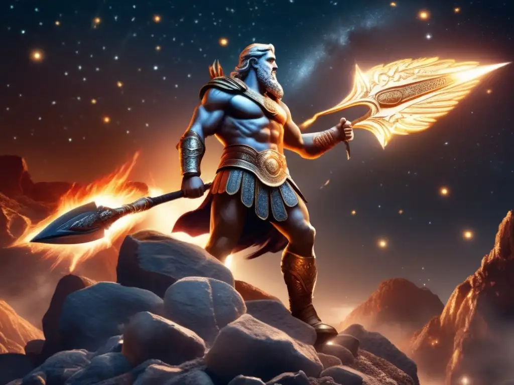 Aeneas, the Roman god of war, triumphantly holds a spear atop a vast asteroid, surrounded by swirling flames and sparkling stars in the backdrop