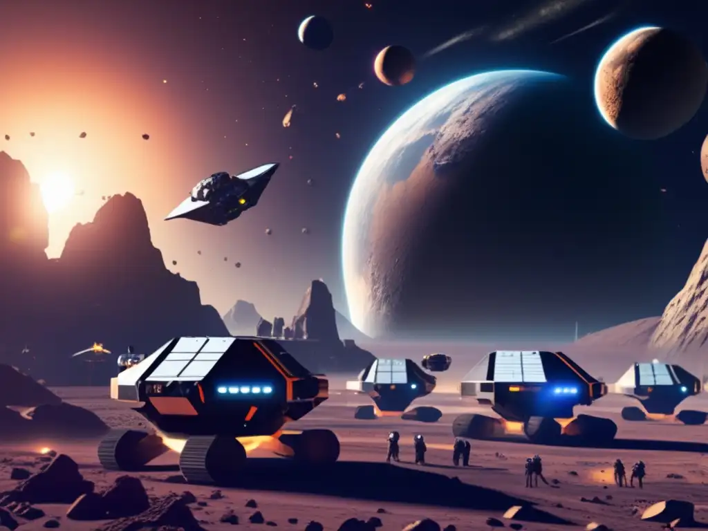 A photorealistic depiction of a busy asteroid mining station, surrounded by spacecrafts and mining equipment