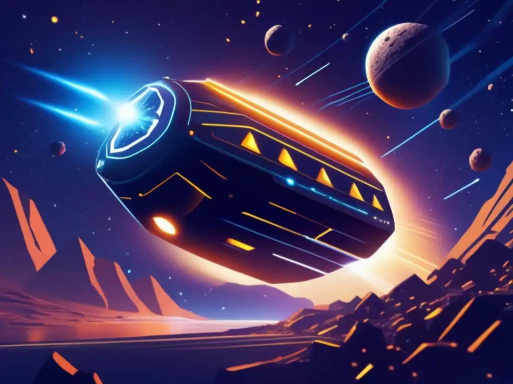 Futuristic Asteroid Mining Vessel Blasts Portal to Deep Space A sleek asteroid mining vessel blasts forth pulsating particles, forming a shimmering portal into the unknown depths of space