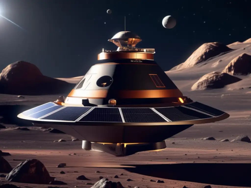 A breathtaking photorealistic image of a spacecraft explores Ascanius asteroid, revealing rugged terrain in the background