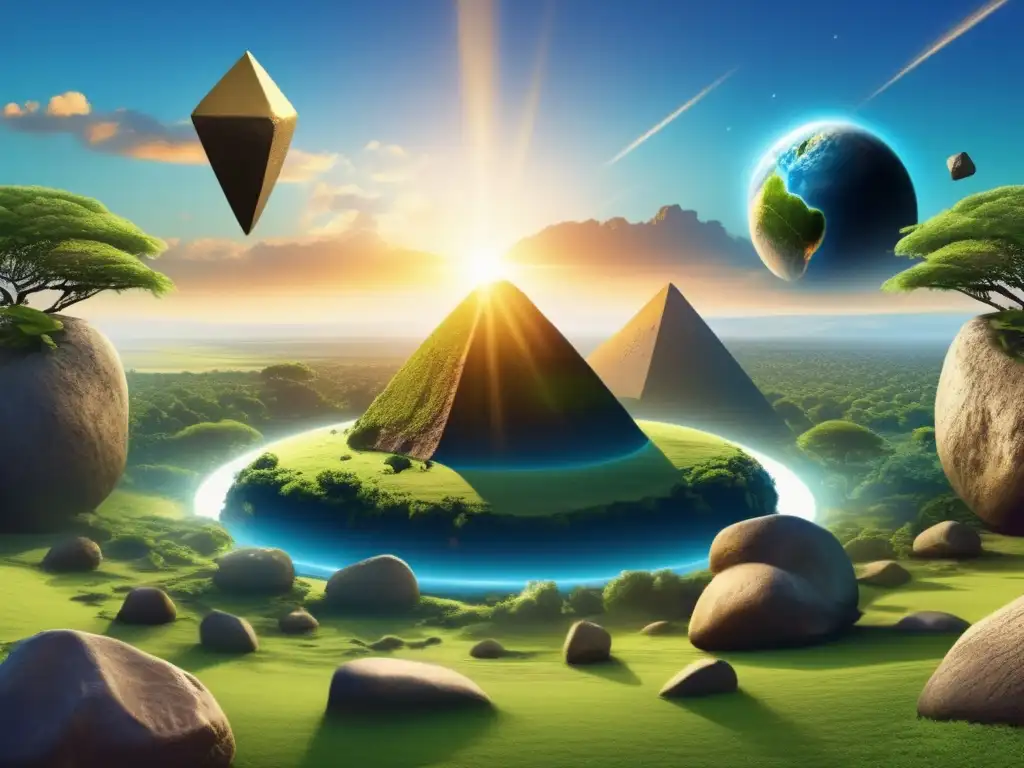 Celestial Stones in African Mythology: Asteroids and Ancestors Celestial Stones in African Mythology: Asteroids and Ancestors - A photorealistic depiction of an ancient African landscape, with lush green earth and clear blue sky