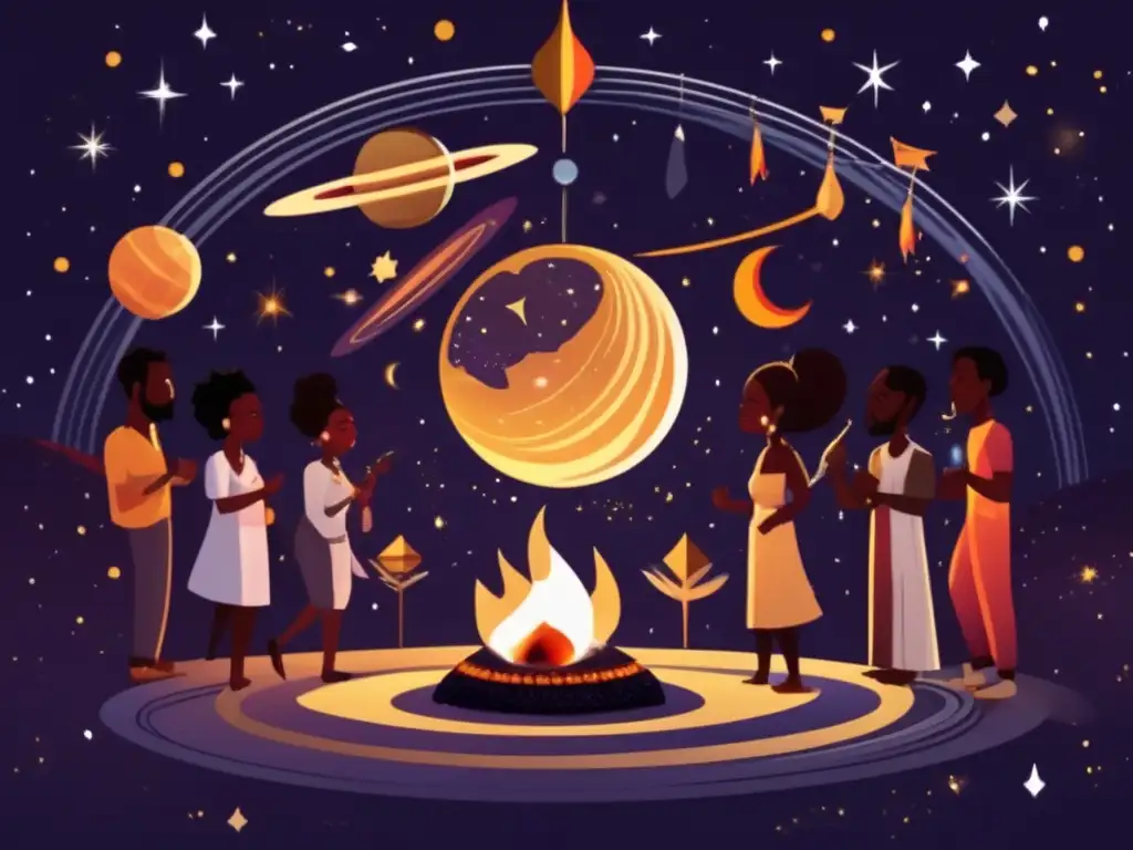 A celestial body orbits around a silver and black planet with a golden orb rising in the distance, representing the African continent