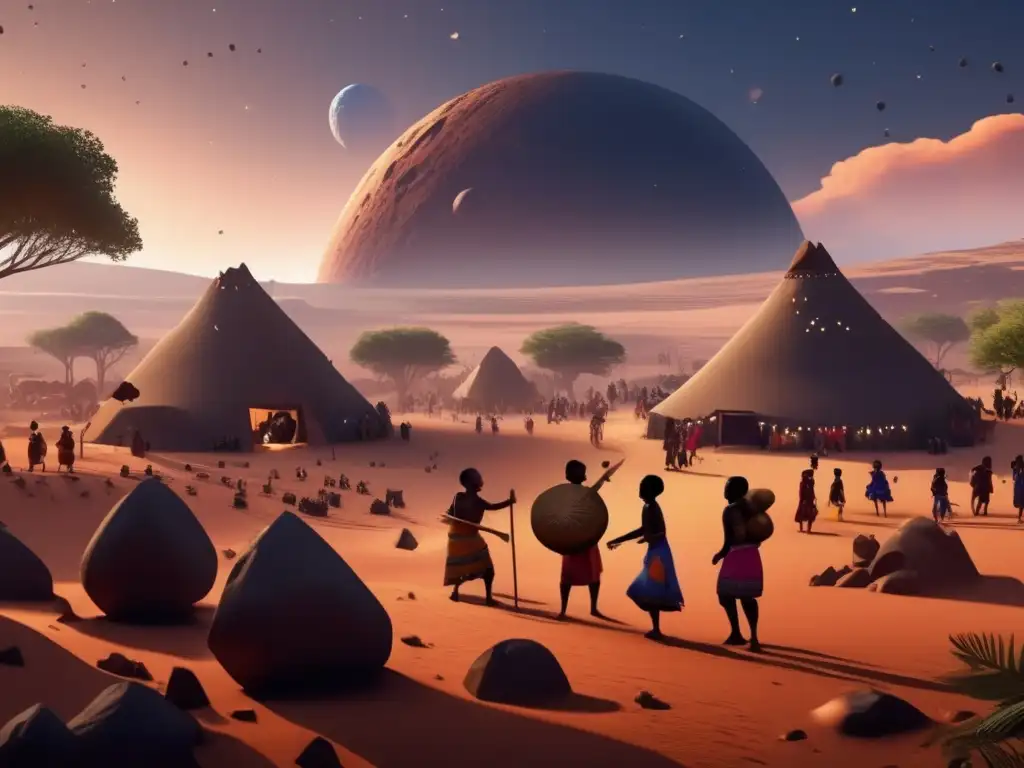 An African village surrounded by craters and meteorites, with villagers dancing and celebrating despite the stark reality of the asteroids