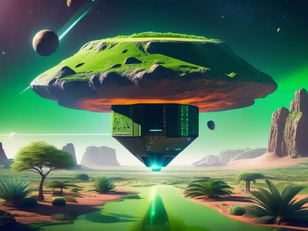An asteroid in space, offering a stunning contrast between lush greenery and barren wasteland