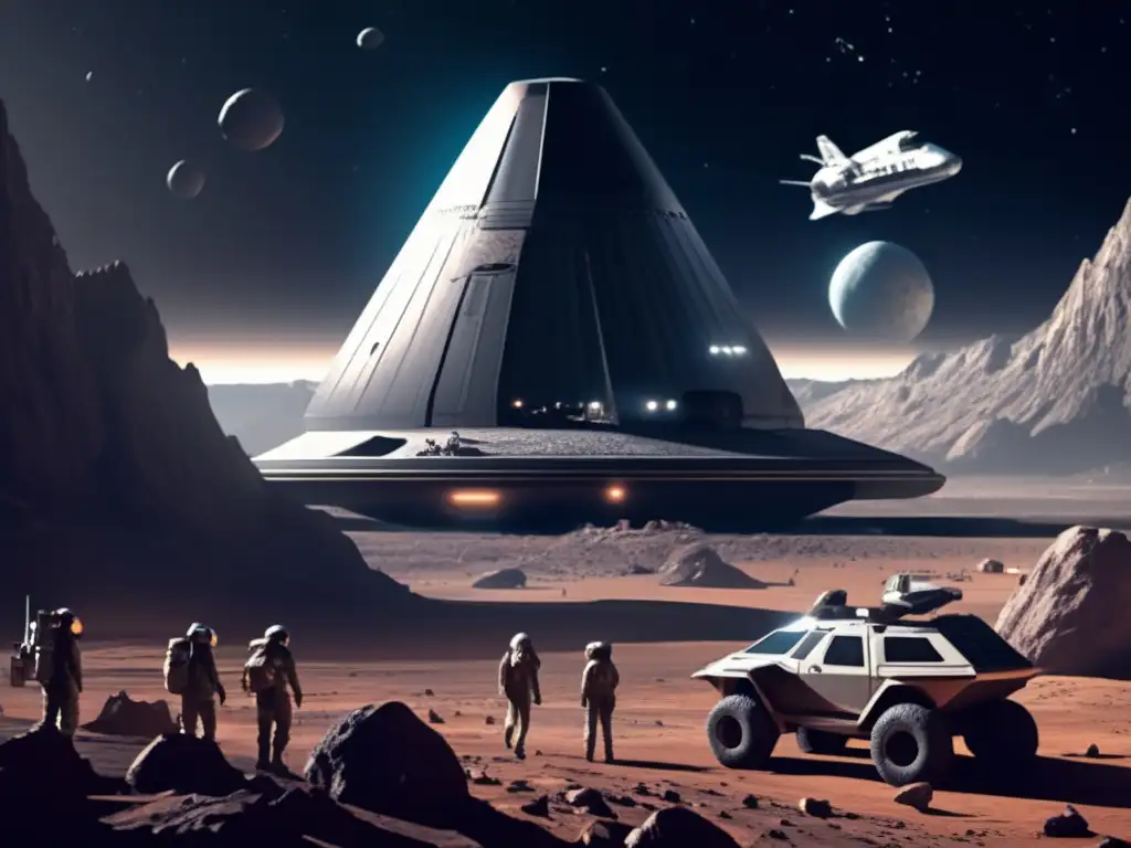 A dark and dangerous asteroid base from Alien is rendered in photorealistic detail, with jagged rocks and a space shuttle surveying in the background
