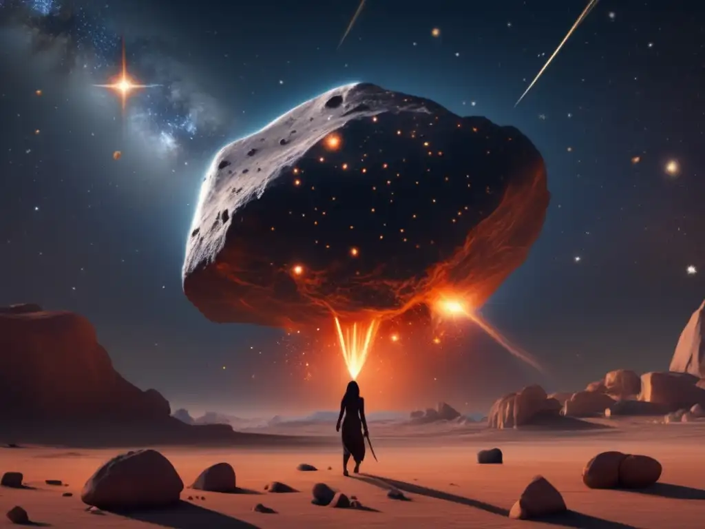 A photorealistic image depicting the mystical constellation of AlKhiarah, appearing as a fallen asteroid with blazing tails