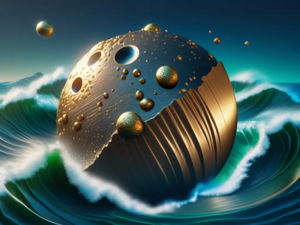 An photorealistic artifact image shows an asteroid falling through the ocean with ripples on its sides