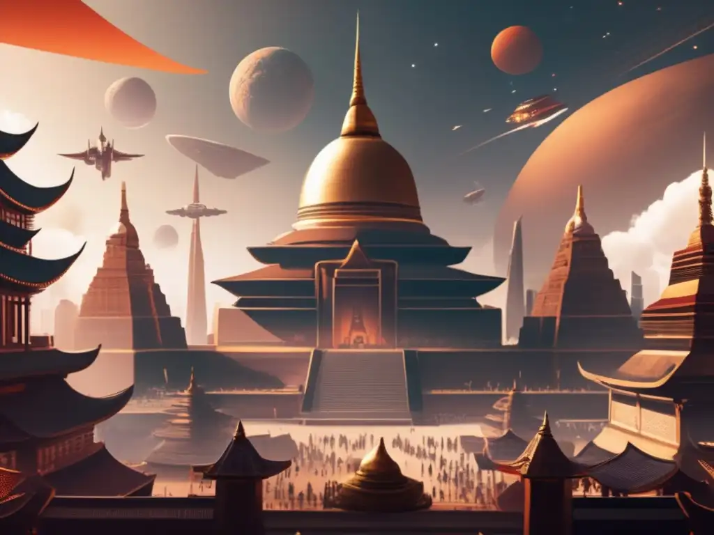 A vibrant, muted cityscape with grand temple and bustling streets wearing traditional garb, surrounded by ancient skyscrapers