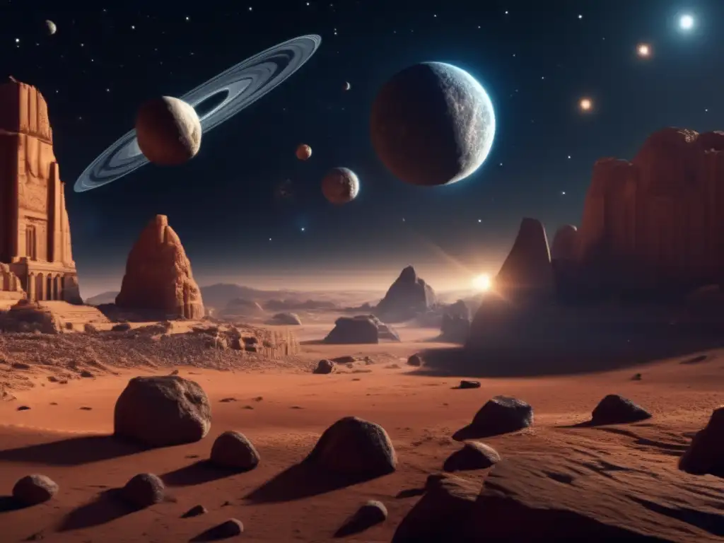 Ancient civilization depicts asteroids and comets in mythology with intricate details and shadows mimicking a photorealistic style
