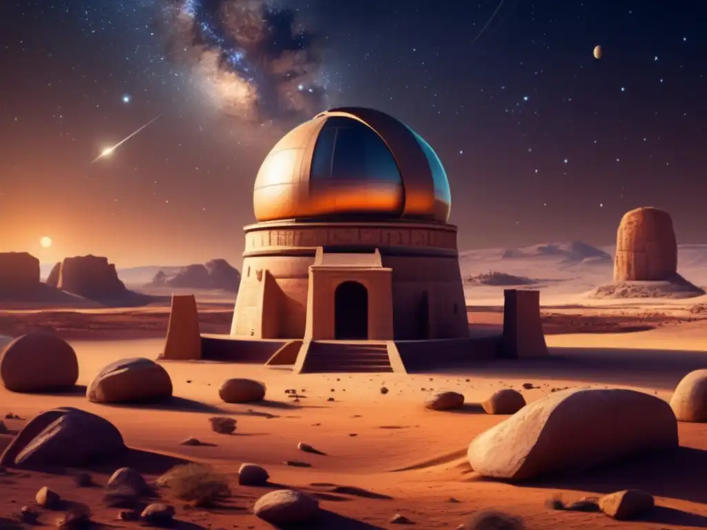 An ancient celestial observatory surrounded by stone huts on a barren desert landscape