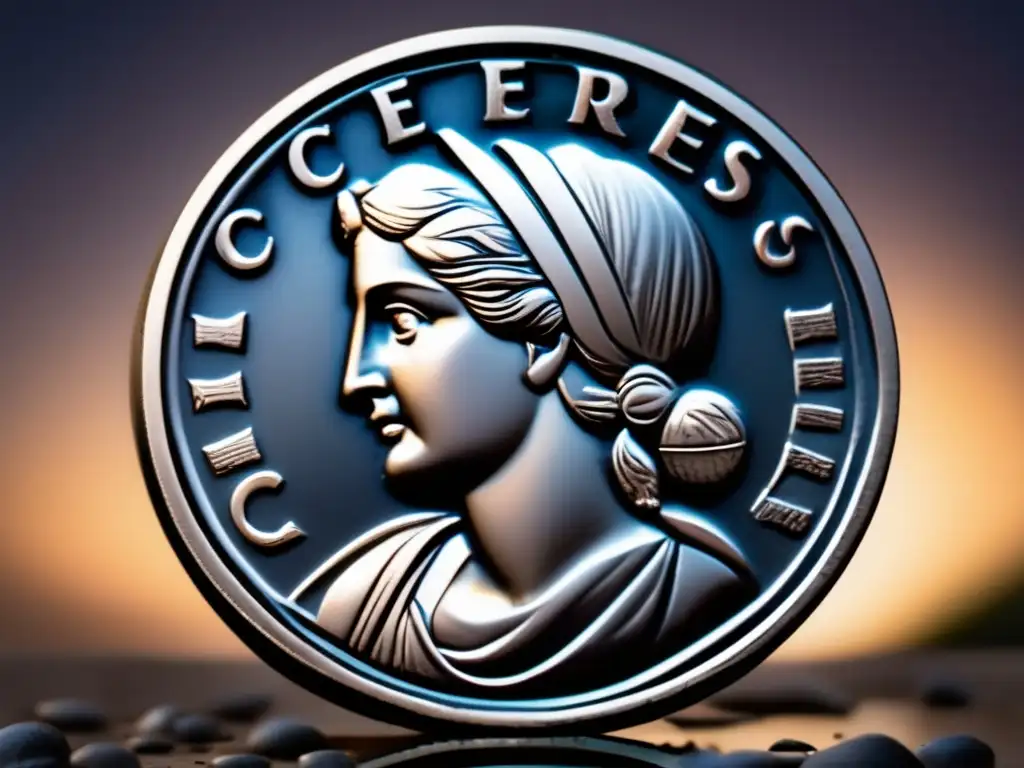 Through Time: Roman Ceres Meets Modern Asteroids A captivating closeup of a Roman silver coin featuring Ceres, the goddess of agriculture, and the asterisk symbol below