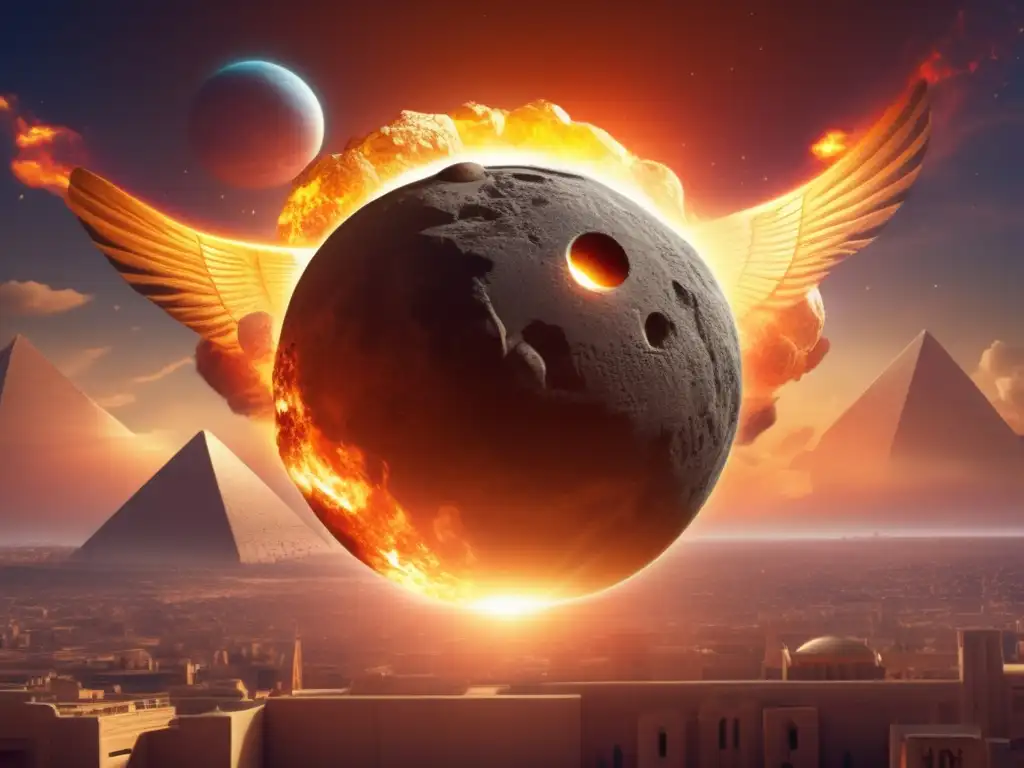 Ancient Egyptian Myth: Illuminated Asteroid in the Sky - Dash: A brilliant, fiery ball adorned with hieroglyphic symbols - the ancient Egyptian mythological asteroid in the sky above a bustling city