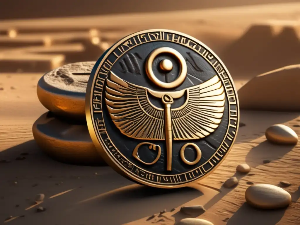 Ancient Egyptian Asteroid Coin: A Mysterious Chronicle of Protection and Guidance A photorealistic depiction of an ancient Egyptian coin with an asteroid symbol etched on its surface