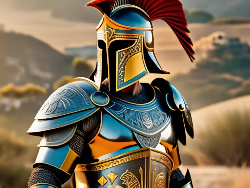 An ancient Greek warrior, proudly donning intricate armor patterns, closes his eyes in determination, ready to defend his kingdom from invaders
