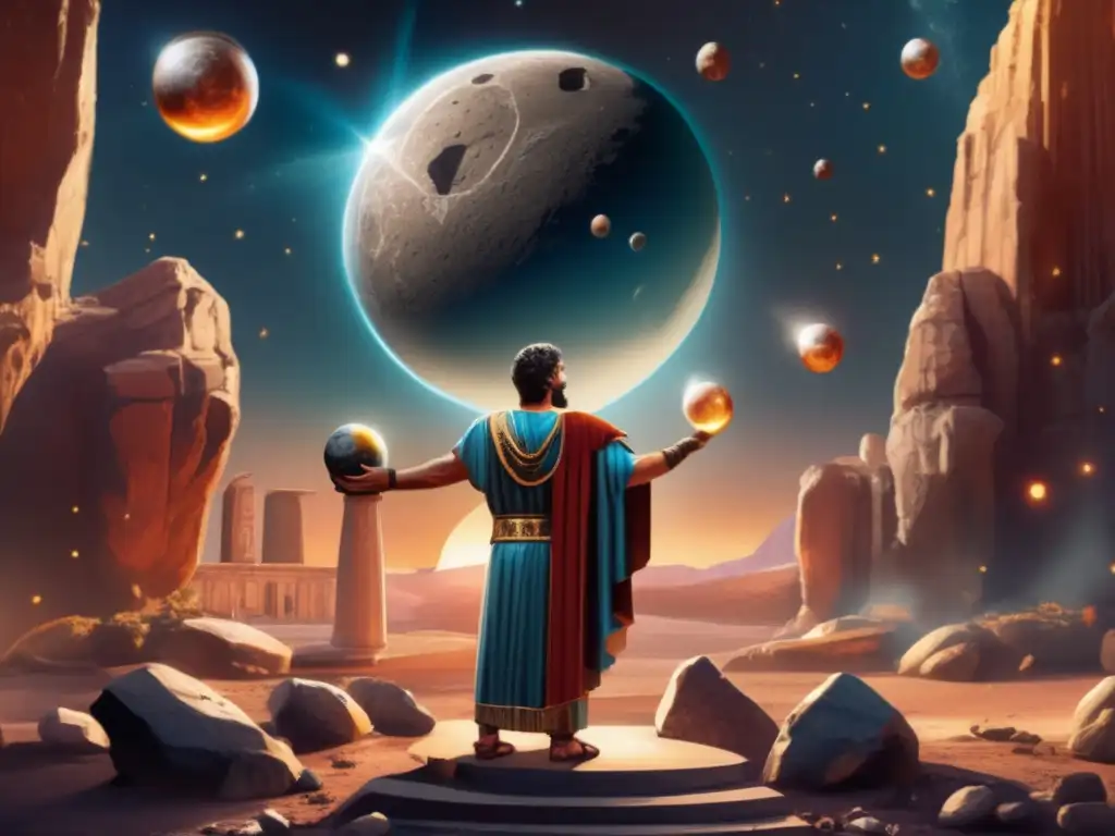 A Roman oracle stands before a large asteroid rock, holding a crystal ball and surrounded by weapons, altars, and attendants