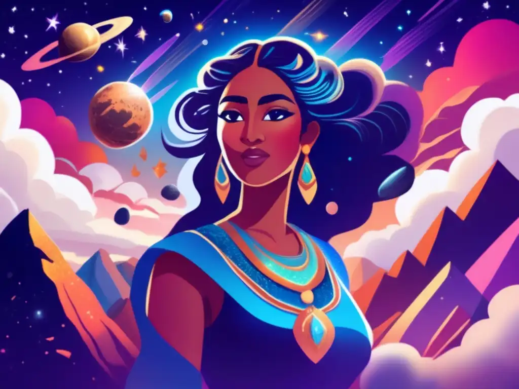 Celestial Beauty: Incan Asteroid Goddess in the Andes A celestial masterpiece, featuring a radiant sky goddess surrounded by asteroids, as if suspended in a sea of cosmic chaos