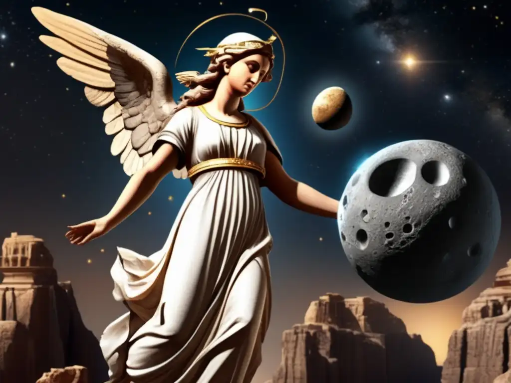 A captivating photograph of a counting angel with an intricate asteroid body in the backdrop, radiating an aura of curiosity and knowledge-seeking