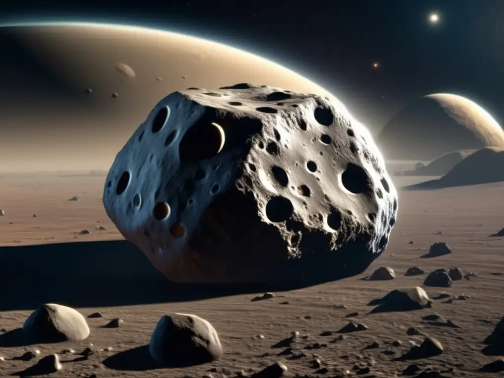 Photorealistic depiction of Asteroid Antilochus, revealing its faint dark patches and prominent craters, captured by a space telescope