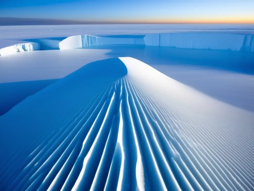 A chiseled ice core borehole glistens in a photorealistic Antarctic glacier, revealing its ancient history of asteroid impacts