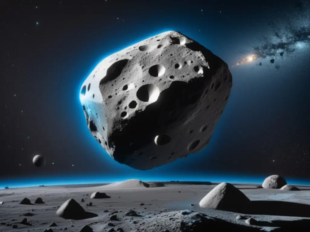 An enigmatic space calcium-carbonaceous asteroid named Anthe reigns supreme in an ethereal glossy black landscape
