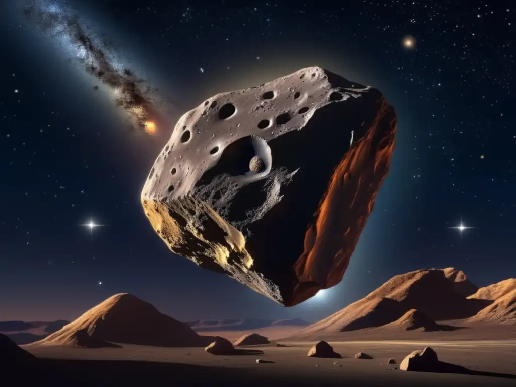 Asteroid Antilochus reigns supreme against the velvet night sky, its intricate geology on full display as a comet tail streaks by