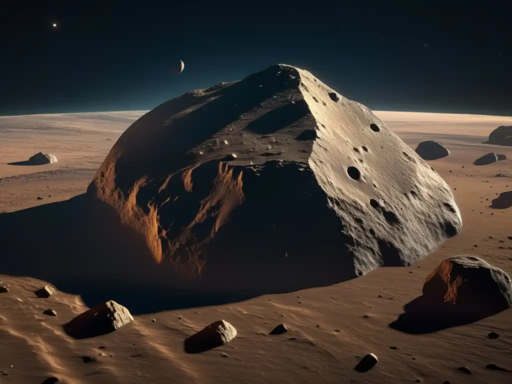 A stunning close-up of Asteroid Antilochus reveals its intricate surface texture through unique shadow play, captured in photorealistic detail