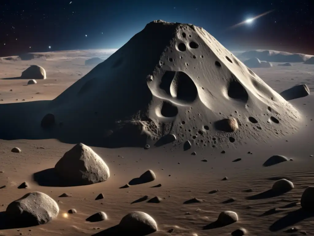A breathtaking photorealistic depiction of asteroid Antilochus, revealing its textured surfaces, jagged edges, and complex rock formations up close