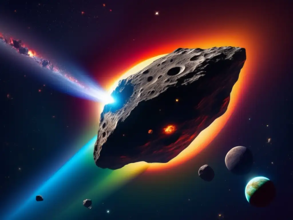 Dashing through the cosmos, the grand asteroid Antiphus spins in space, casting its fiery glow upon a helpless, tiny space shuttle venturing too close