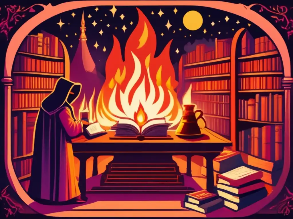 A mystical library glows from the light of a flaming furnace in the background