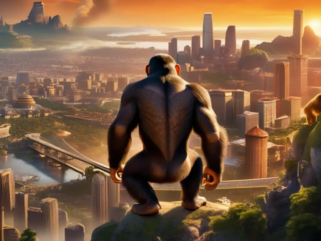 Ape City Sunset: Majestic Photorealistic Detailing of the Apes' Hometowns A stunning photorealistic depiction of the ape city from Planet of the Apes, looming majestically over Earth's landscape
