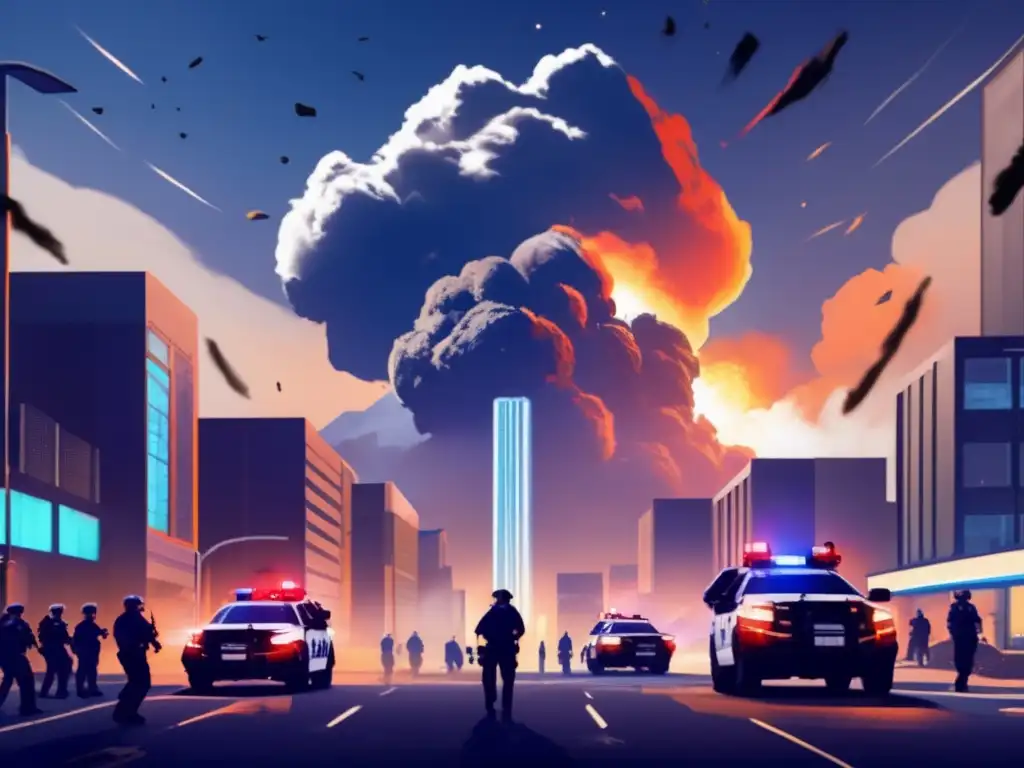 A chaotic urban landscape, with smoke and debris filling the air, as a large asteroid streaks across the sky