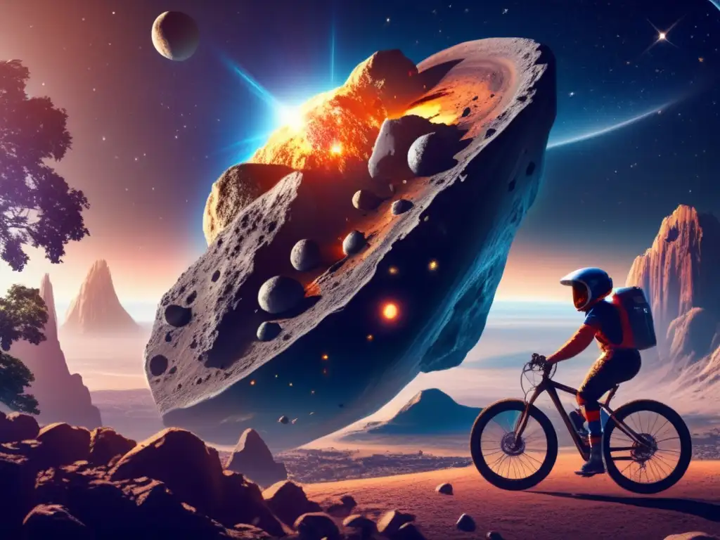 A massive asteroid looms in the distance, its rocky fragments glowing softly under the sun's rays