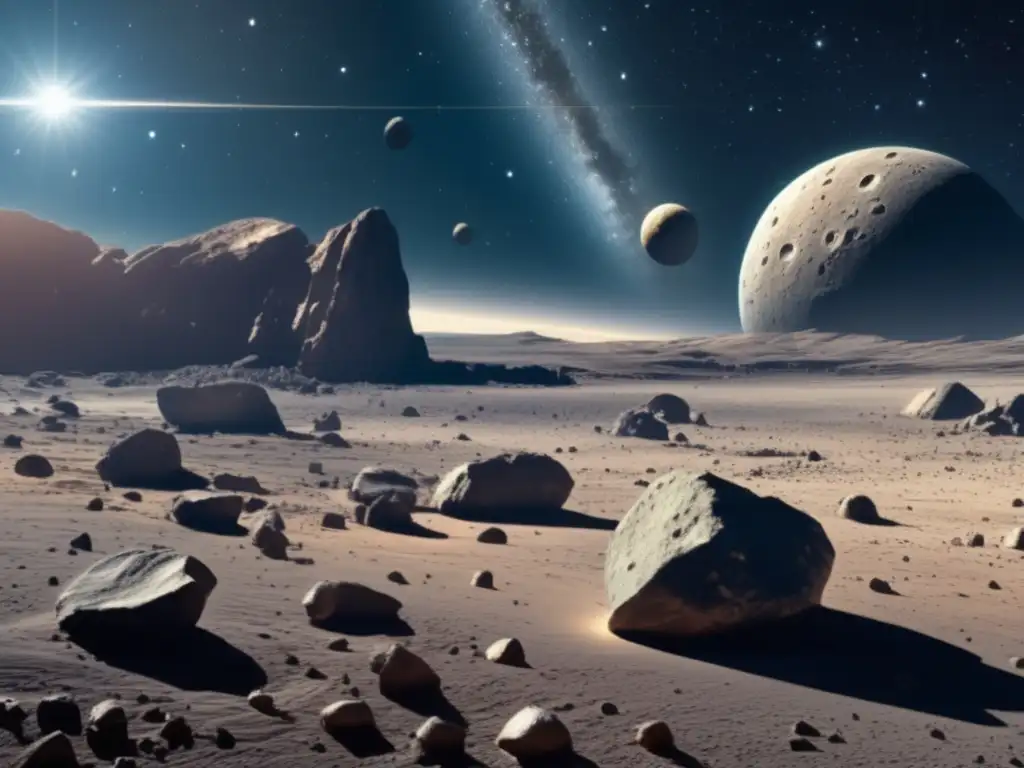 An ancient sky god, such as Zeus, rides on a silver chariot pulled by celestial horses in the background of a highresolution photograph of an asteroid belt taken by a telescope, displays intricate patterns on the chariot and highlights the beauty of the belt's rocks and debris