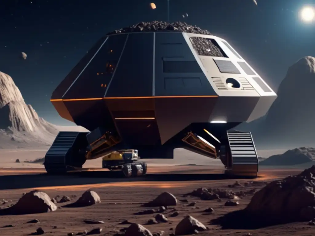 A photorealistic depiction of an asteroid mining site, showcasing a mammoth asteroid with intricate mining machinery and equipment surrounding it