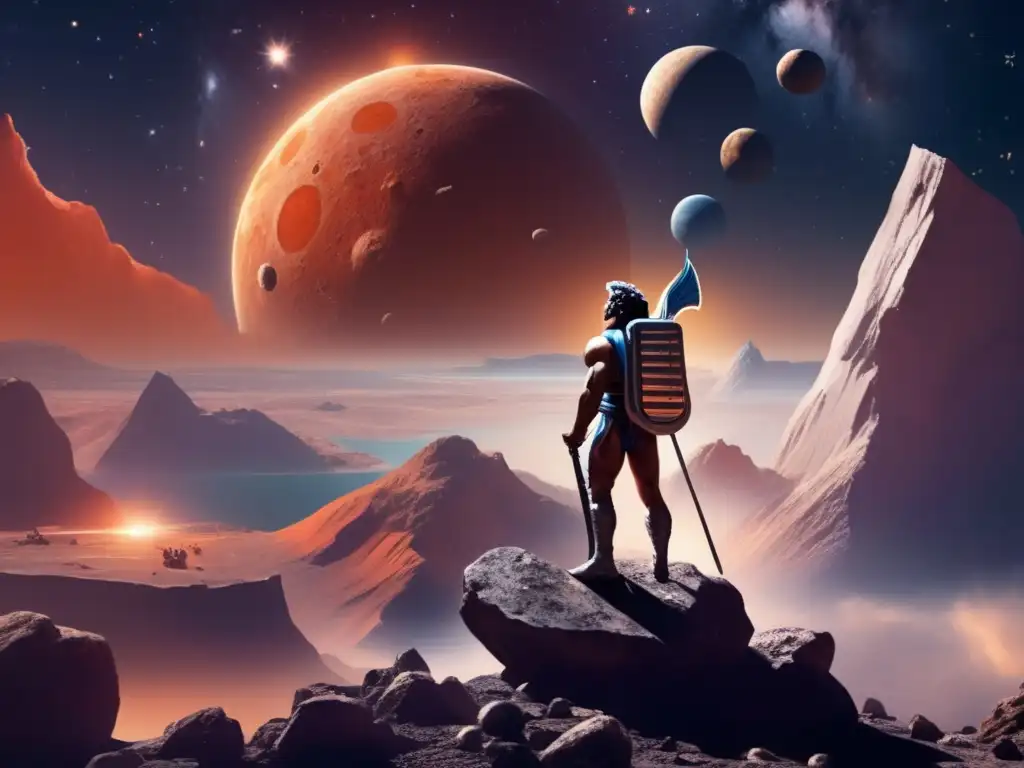 Aphrodite's Symphony of the Stars: Photorealistic Apollo on Asteroid A breathtaking photorealistic image of Greek god Apollo perched on top of an asteroid, wielding an orange lyre and gazing upon the infinite cosmos with a majestic gaze, as the jagged cliffs of the asteroid and the celestial beauty of nebulas, planets and stars fill the frame