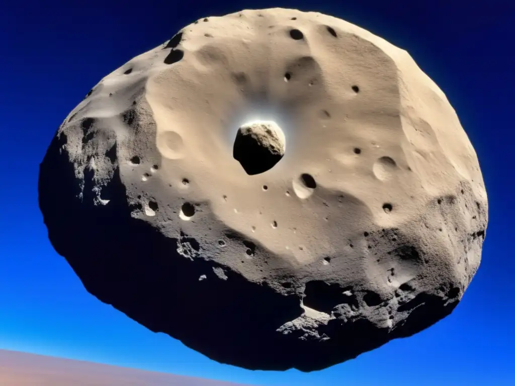 A closeup of Apophis, the 'God of Chaos' asteroid, looms ominously in the dark blue sky, its jagged surface clearly visible as it approaches the Earth