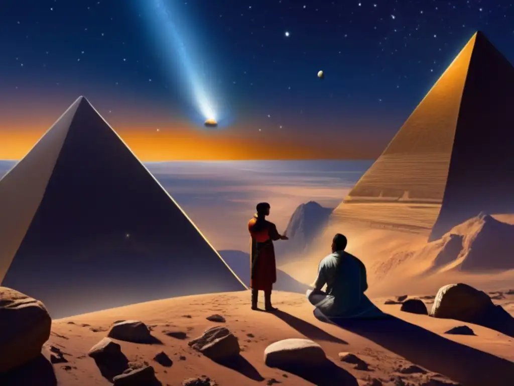 Discovery of Apophis: Photorealistic Painting Dash-ALT text: 'Gazing at the heavens, two figures stand in awe as a telescope tracks the spacecraft orbiting around Apophis