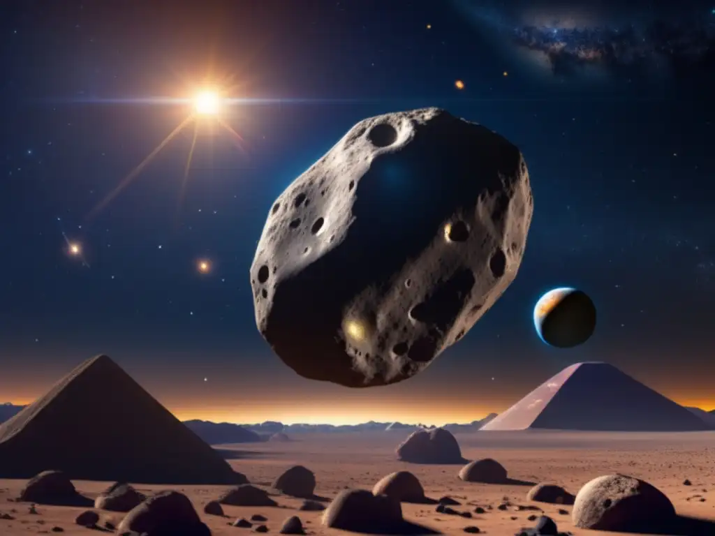 Photorealistic Depiction of Asteroid Apophis and Its Celestial Backdrop Apophis, the irregular asteroid positioned towards the sun with a photorealistic background of stars and planets, approaching Earth closest