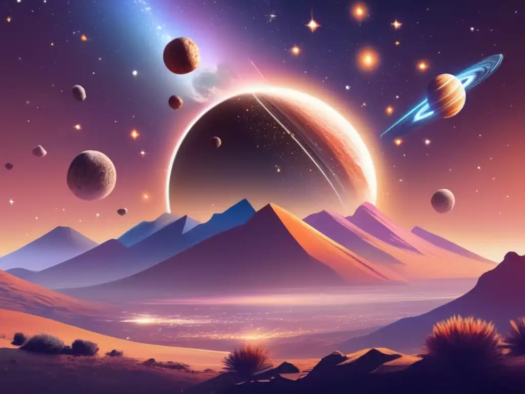 A stunning image of a South African landscape against a warm pastel sun, with a captivating view of multiple asteroids orbiting dynamicly