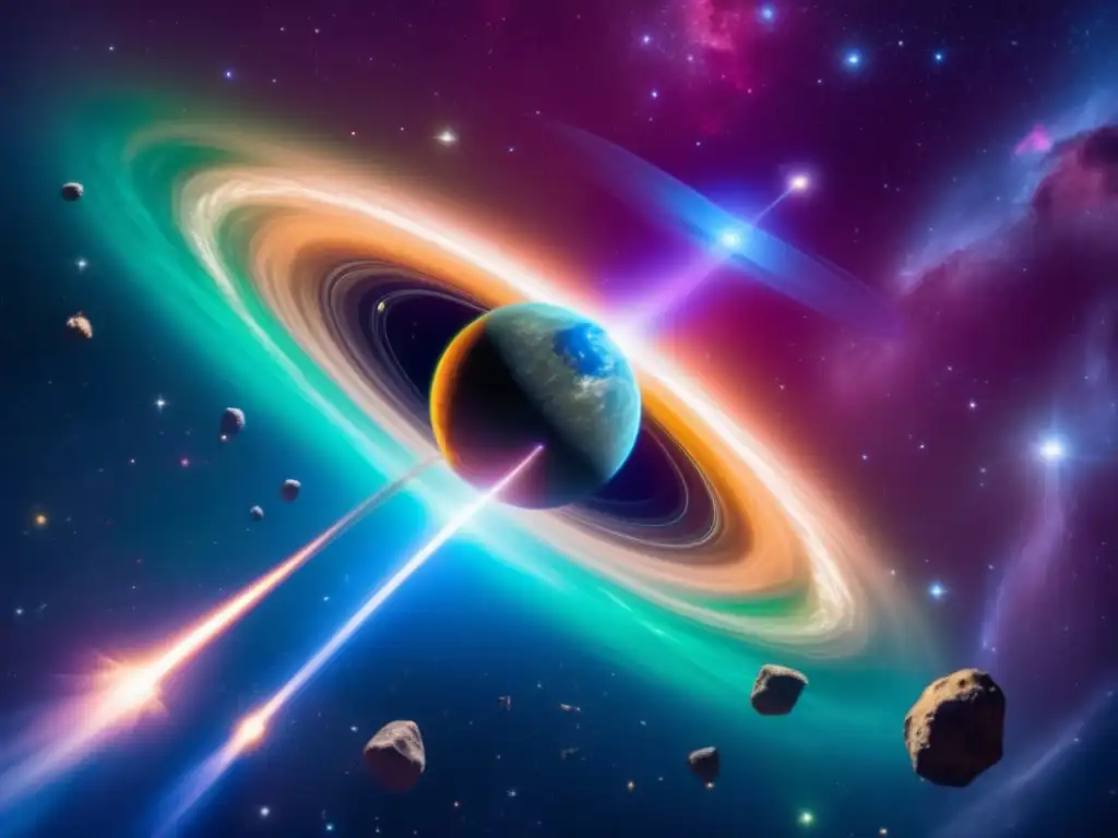 An AI satellite floating amidst a dense nebula, its thrusters casting a soft blue and green halo