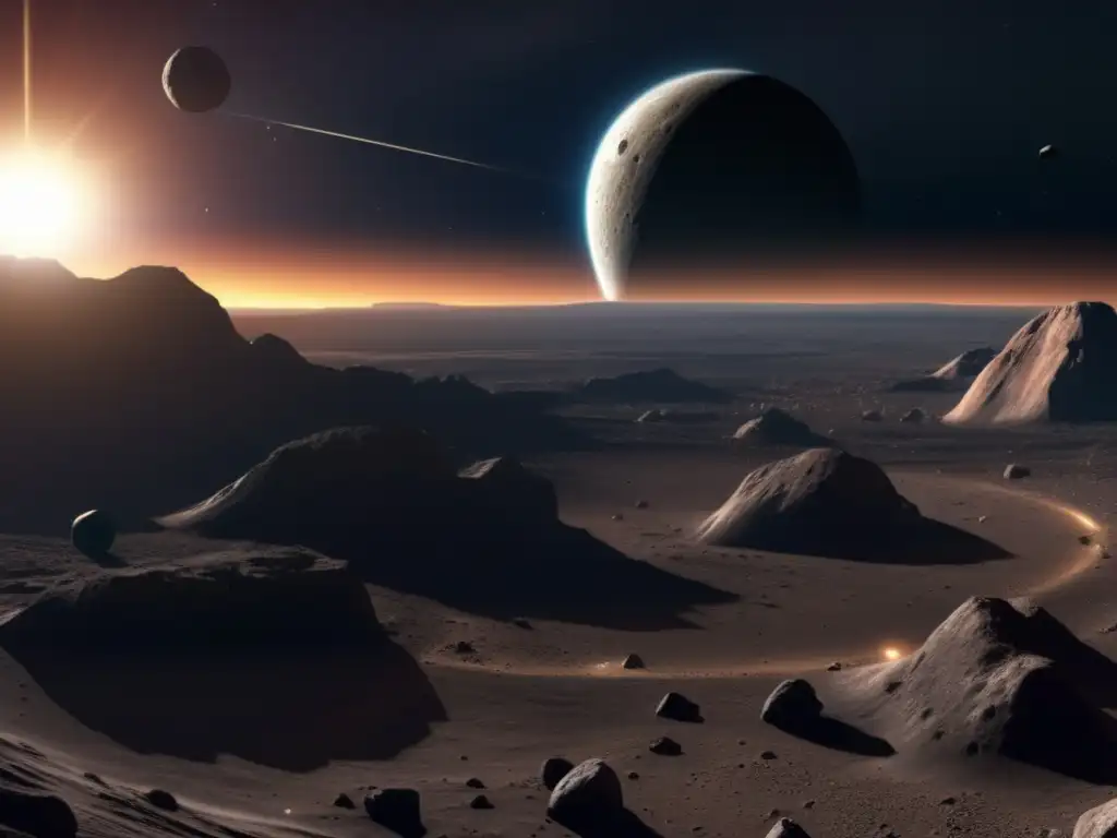 An awe-inspiring, highly detailed photorealistic image of Ascanius, a large asteroid in the asteroid belt, with rugged terrain and sharp features