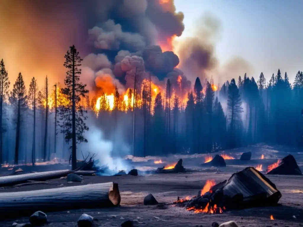 Amidst the smoke and crackling flames, the forest stands as a stark reminder of the asteroid collision zone