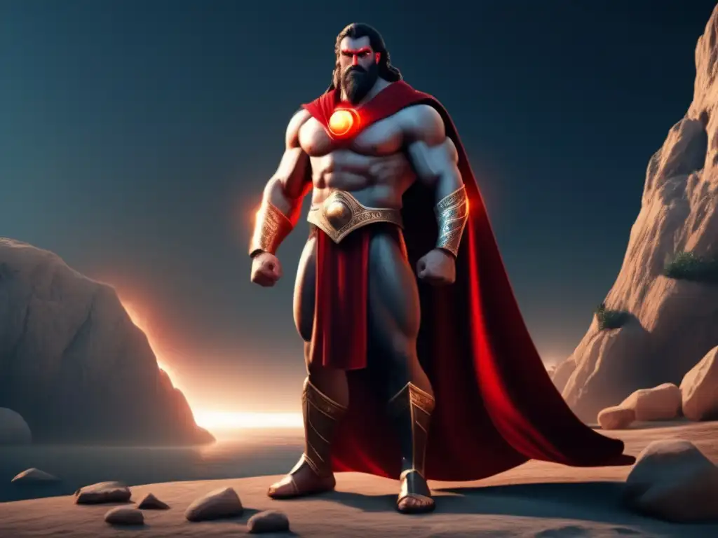Mythical Giant Asterion: A Powerful and Tense Photorealistic Image Asterion, the Cyclops, in a photorealistic image: A tense, powerful pose with glowing red eyes and a muscular body