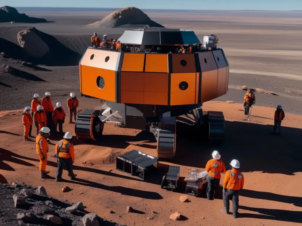 An aerial view of a team readying for an asteroid mining mission