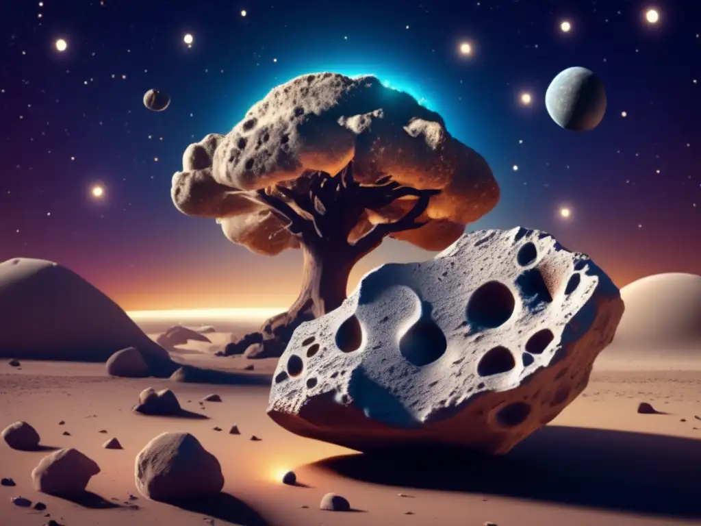 Unveiling the Mysteries of Asteroids in Jewish Kabbalah A photorealistic 3D model of an asteroid with intricate surface textures and minerals, set against the backdrop of vibrant galaxies and nebulas