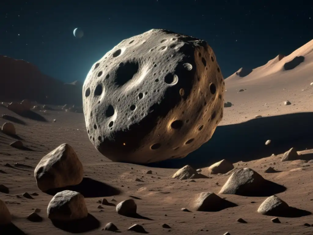 A stunning 8k photorealistic image reveals the jagged, textured surface of Asteroid Thisbe