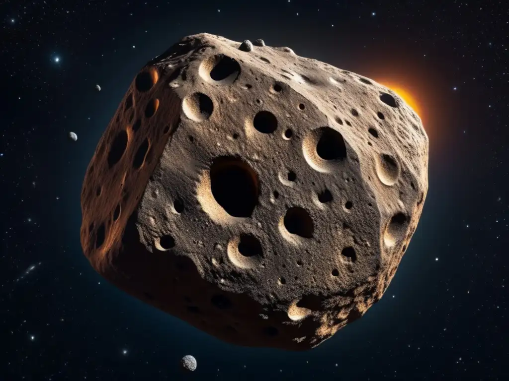 A deep and starry space, surrounded by the blackness of the universe, showcases the stunning closeup photorealistic image of the asteroid Achilles